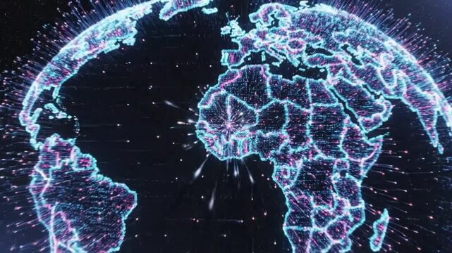 Global digital network animation exploding with energy across the world map for tech or communication concepts