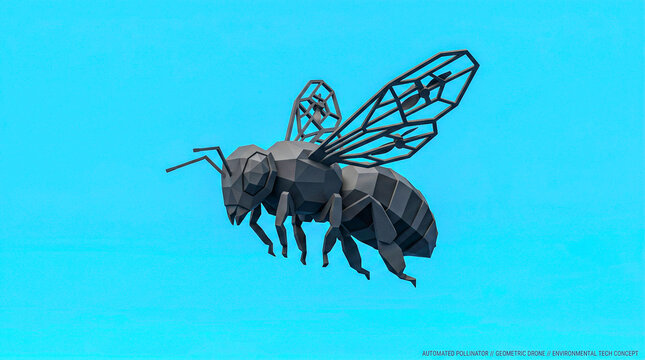 Geometric bee drone silhouette on sky blue, pollination tech