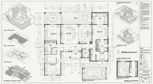 Villa moderna architectural planning sheet with furniture layouts and isometric views