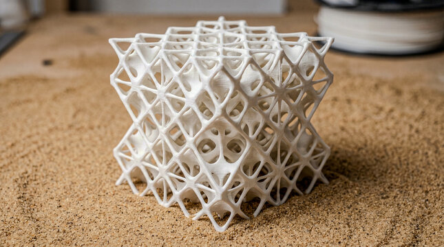 Minimal 3D printed white lattice structure on sand background