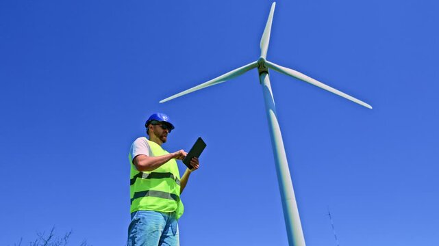 A windmill engineer stands by a wind turbine, looking at a tablet. The sky is clear and blue. He wears a safety vest and helmet as he monitors the turbine's operation.
