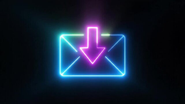 Neon blue email envelope with pink downward arrow loading symbol on black background