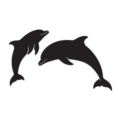 Naklejka premium Two Dolphins Jumping over Ocean Waves Silhouette Vector Illustration