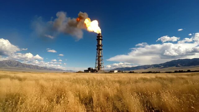 Industrial flare tower burning brightly against a vast, dry landscape and blue sky