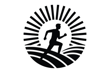 Obraz premium Black silhouette of a runner on a stylized sun or hill background rays