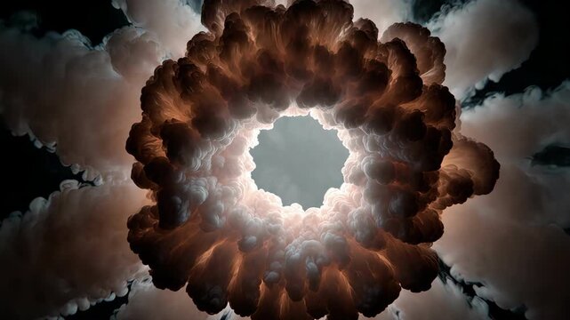 Looking through a dark tunnel made of thick volumetric smoke clouds