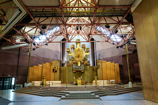 Interior of Saint Bernadette Church in the Sanctuary of Lourdes, France.