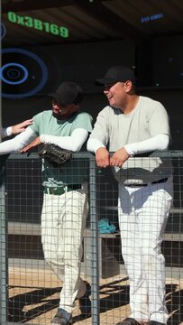 Vertical video: Two men greeting coming player, hi-fiving green baseball stats screen behind them