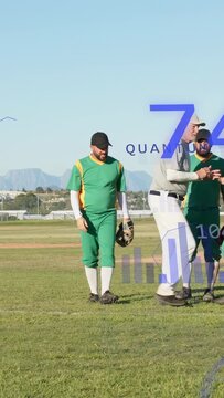 Vertical video: Baseball players approaching coach seeking pep while blue stats overlaying players
