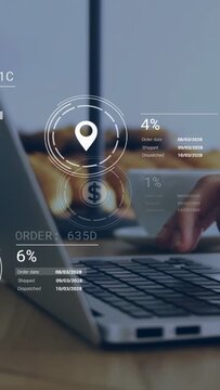 Vertical video: AR interface appearing over laptop, hands typing while HUD updating order statuses