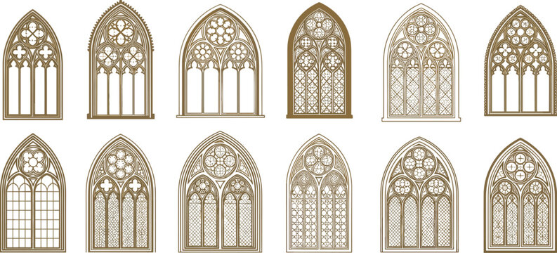 Gothic window architecture illustration collection, cathedral stained glass artwork, ornate tracery design composition, medieval decorative motif, historic church vector set