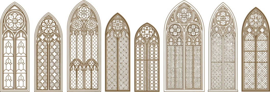 Gothic window architecture illustration collection, ornate tracery artwork, cathedral design composition, medieval decorative pattern graphic, historic church vector