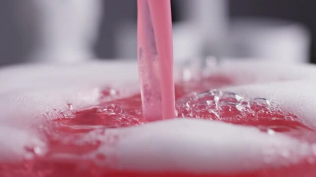 Close-up of pink liquid pouring into frothy white foam with slow-motion splashes and bubbles