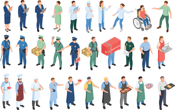 Isometric Professional Worker Characters Collection Featuring Medical Staff Police Officers Chefs and Corporate Employees Vector Set