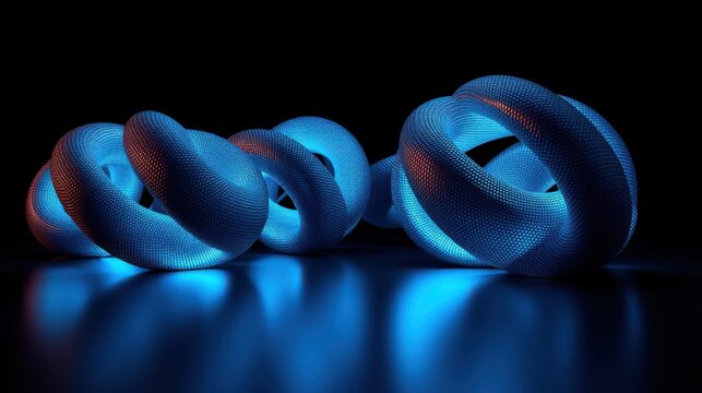 Interlocking rings, blue glow, dark background. Abstract sculpture, smooth texture, reflective surface. Modern design, digital rendering.