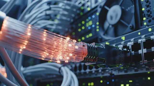 Close up of an Optical Fiber Cable Transmitting Data in a Modern Data Center Rack