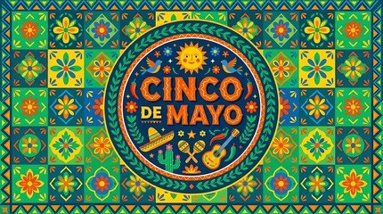 Fototapeta premium Cinco de Mayo celebration banner with traditional Mexican folk art patterns and symbols