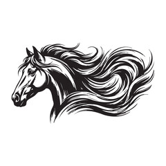 Horse head profile with flowing mane black ink sketch illustration. © MdNoor
