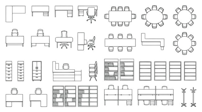 Office furniture set elevation and top view