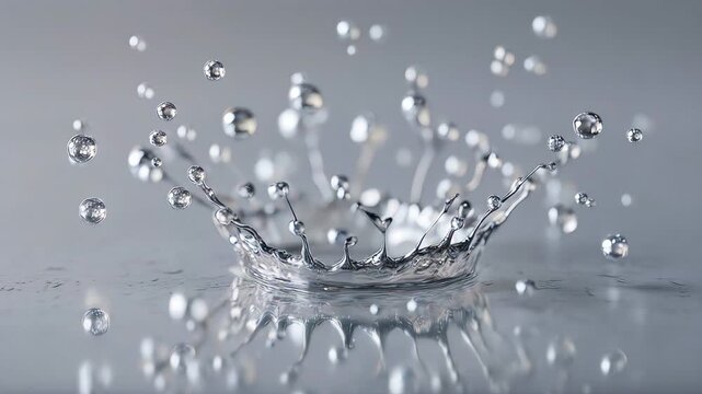 Pure water drop falling and creating a perfect splash crown on grey