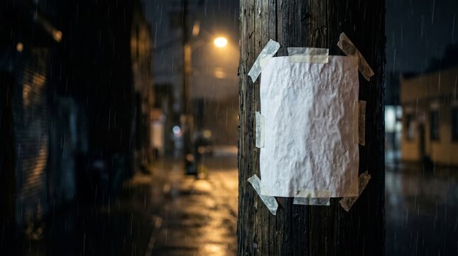 Mysterious missing poster in the rainy night street urban environment dark viewpoint