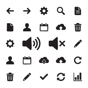 Basic interface icons set arrow gear search document user cloud.