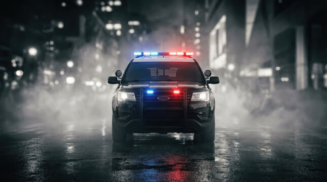 Front view of a black police car with flashing red and blue emergency lights on a wet city street at night, surrounded by thick atmospheric fog