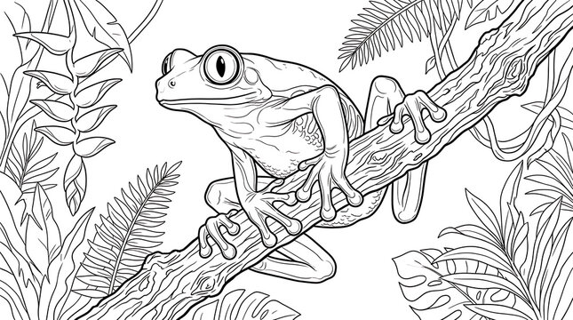 Tree frog sitting on branch with leaves
