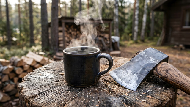 Steaming cup of coffee and vintage axe on wooden stump in forest