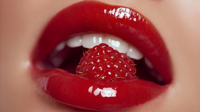 A close-up of luscious red lips holding a fresh raspberry, showcasing the vibrant colors and textures of fruit against beautiful makeup.