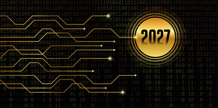 2027 golden number on binary code background vector illustration