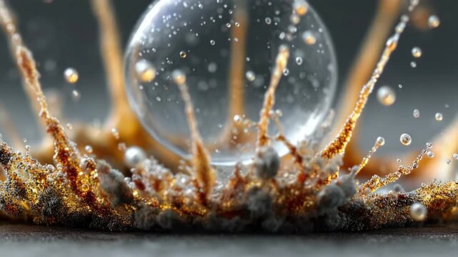 Complex textured liquid explosion releasing clear glass-like bubbles