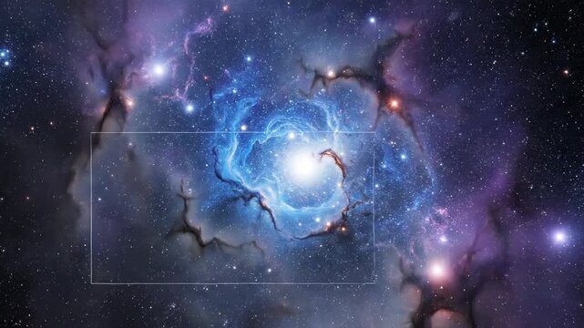 Vibrant cosmic nebula with bright core, swirls of blue and purple gas, and scattered stars