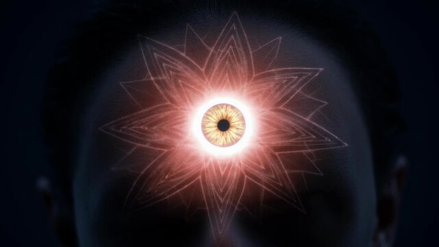 Third Eye Chakra Meditation Symbol Glowing on Human Forehead