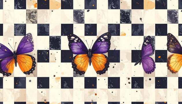 Vivid butterflies contrast boldly against textured checkerboard patterned background
