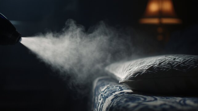 Bed bug heat treatment scene showing heated steam or smoke near mattress and pillow representing pest control remediation.