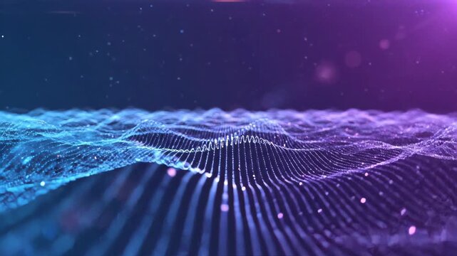 Futuristic digital landscape with glowing blue and purple particles forming waves
