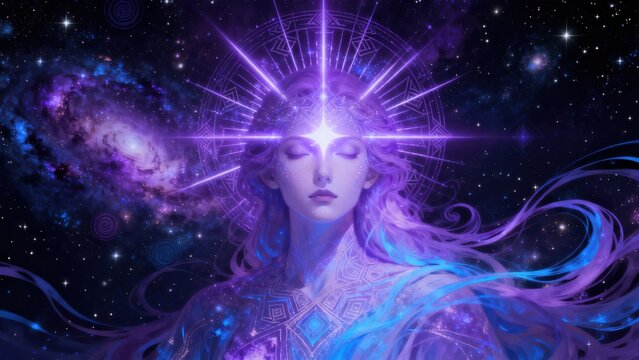 Cosmic figure with glowing head and flowing hair