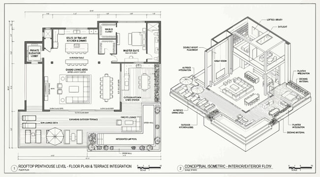 Rooftop penthouse floor plan and conceptual isometric view with terrace integration, outdoor kitchen, and lap pool architectural design
