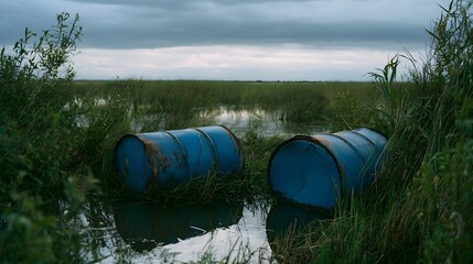 Obraz premium Abandoned marshland scene evokes environmental impact muted tones reflect decay and forgotten industrial relics
