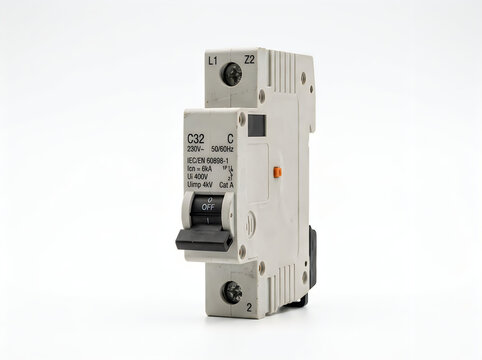 Industrial electrical circuit breaker labeled C32 with 50A rating mounted on neutral white studio background showcasing precise engineering details