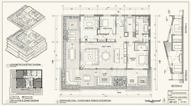 Skyline penthouse floor plan with terrace integration, circulation and zoning diagram, and section view architectural concept development