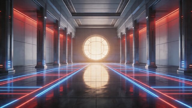 Futuristic corridor with neon lights