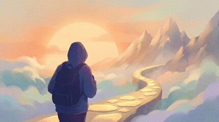 Obraz premium A hiker with a backpack walking along a stone path towards tall snowy mountains under a bright sunset sky in a soft painterly style