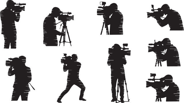 Silhouettes of photographers at work in various poses