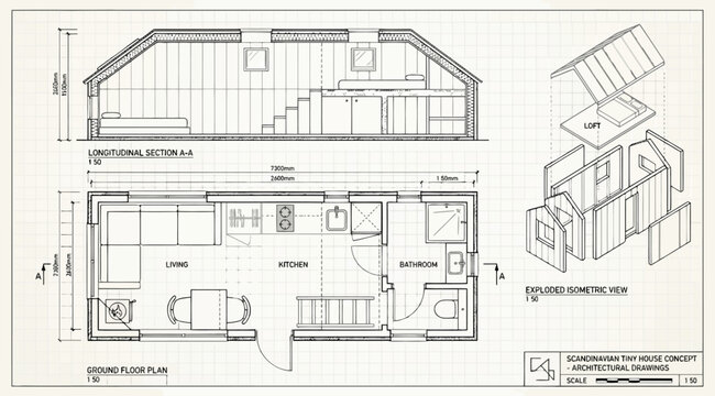 Scandinavian tiny house architectural floor plan and section with exploded isometric view