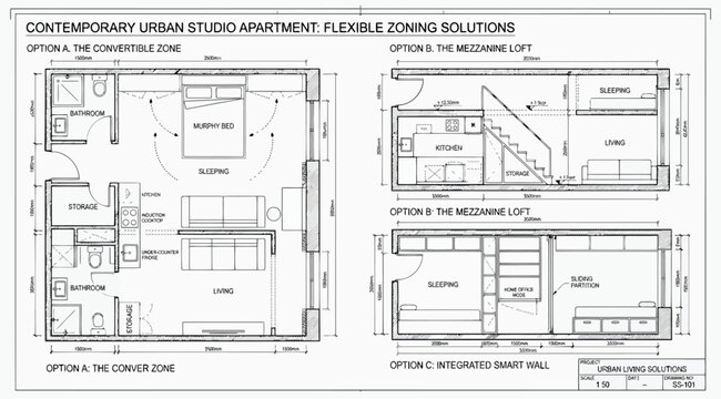 Architectural floor plans for flexible studio apartment zoning