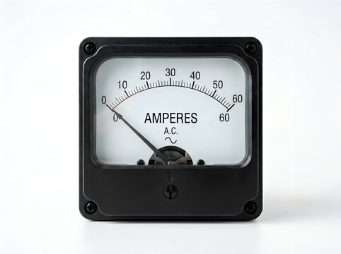 Vintage analog ammeter measuring alternating current with precise needle pointing at 25 amperes on clean white studio background