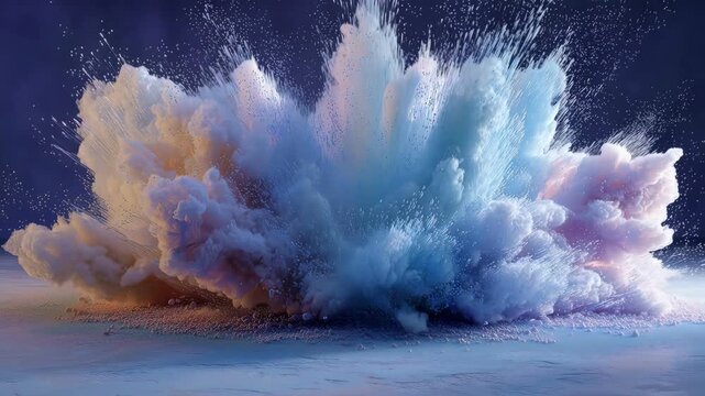 Symmetrical cloud of white and blue powder exploding in dark studio