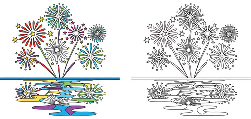  Festive Fireworks Display with Reflections, in Both Vibrant Color and Black and White Outline for Creative Coloring. © MdAbdul